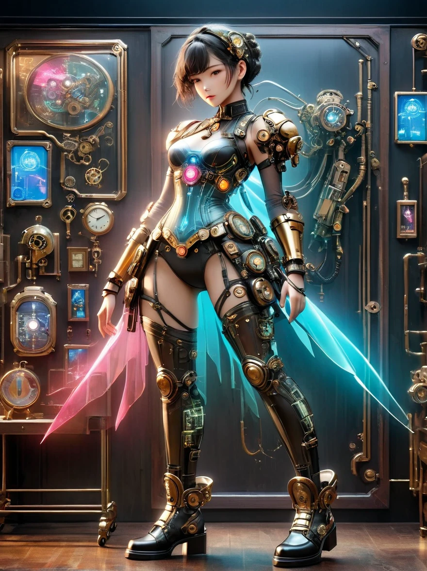 Hermosa mecha femenina，La anatomía transparente y translúcida del mecha.，Diagrama de cableado de color neón iridiscente y LED en toda la cara y el cuerpo.，Marcos de fotos y fondos mezclados y fusionados con steampunk.，Dieselpunk y clockpunk，Sala de análisis de antecedentes，(tiro de cuerpo completo)，(zapatos mecanicos:1.5)，(Láser negro)，mejor calidad，Super Fine，8K，increíblemente ridículo，extremadamente detallado，delicado y dinámico