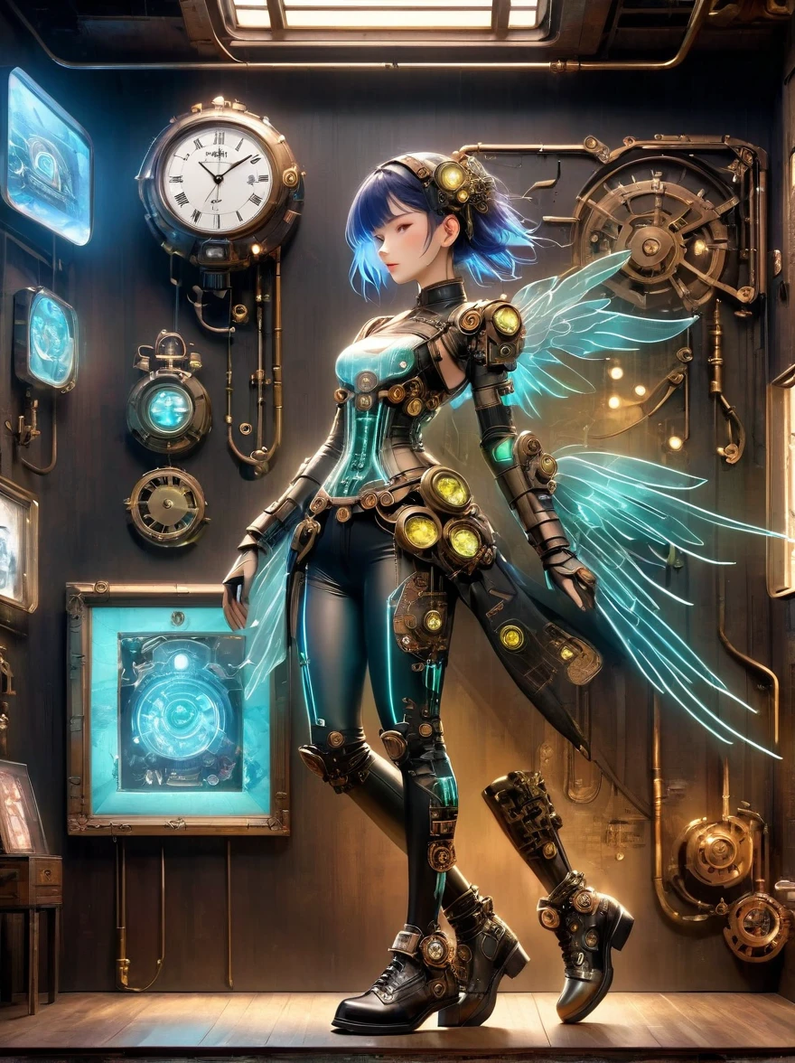 Beautiful female mecha，The transparent and translucent anatomy of the mecha，Iridescent neon color wiring diagram and LEDs all over face and body，Photo frames and backgrounds mixed and fused with steampunk，Dieselpunk and clockpunk，Background Analysis Room，(Full body shot)，(Mechanical shoes:1.5)，(Black Laser)，best quality，Super Fine，8k，Unbelievably ridiculous，Extremely detailed，Delicate and dynamic