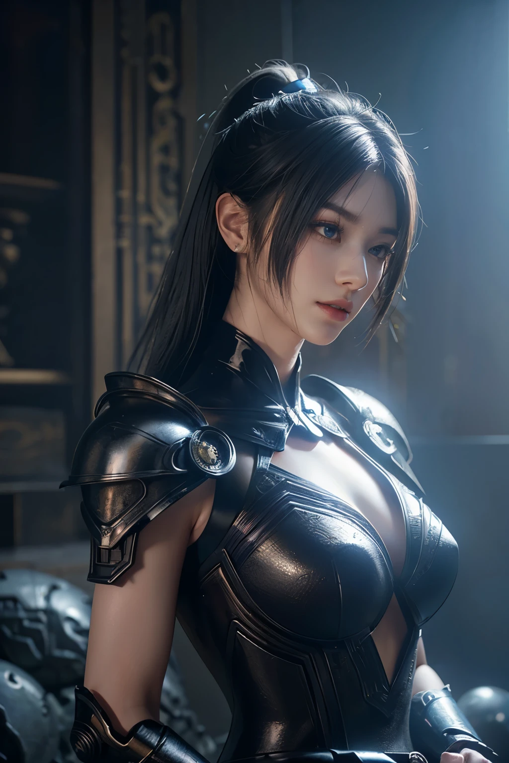 傑作,ゲームアート,最高の画質,最高解像度,8K,(肖像画),Unreal Engine 5のレンダリング作業,(デジタル写真),((肖像画 Feature:1.5)),
20歳の少女,ショートヘアの詳細,長い前髪,(赤いアイメイクはとても丁寧です),(長い白髪の:1.4),(大きい, 豊かな胸),エレガントで高貴,勇敢で魅力的,
(古代中国の鎧の特徴と融合した未来の鎧,中空デザイン,パワーアーマー,神秘的な東洋のルーン文字,繊細なドレスのパターン,魔法の閃き),未来の戦士,サイバーパンクのフィギュア,戦争の背景,
映画照明，レイトレーシング，ゲームCG，((3D アンリアル エンジン))，OCレンダリング反射パターン