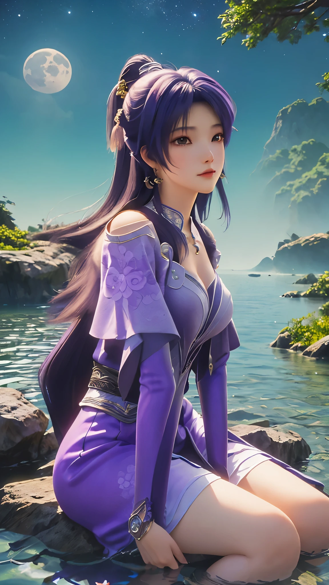 Anime girl wearing a purple dress sitting on a rock in the water, Popular on cgstation, Moon themed clothing, Keqing from genshin impact, Goddess of national comics, Zhongli in Genshin,3D Rendering Character Art 8k, Smooth anime CG art, night，The moon is high，The light and shadow are clear，There are stars，A few petals