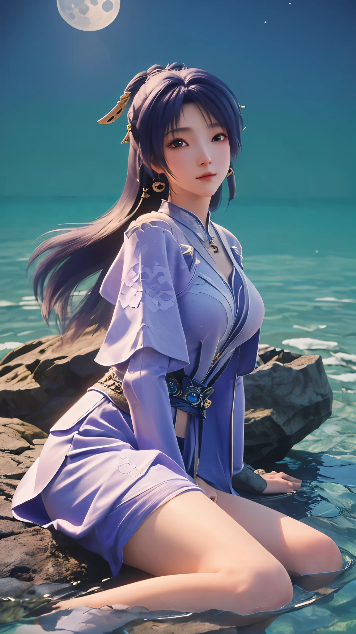 Anime girl wearing white dress sitting on rock in water, Popular on cgstation, Moon themed clothing, Keqing from genshin impact, Japanese Goddess, Zhongli in Genshin, chengwei pan on artstation, author：Cold plum, 3D Rendering Character Art 8k, Smooth anime CG art, WLOP 和 Sakimichan