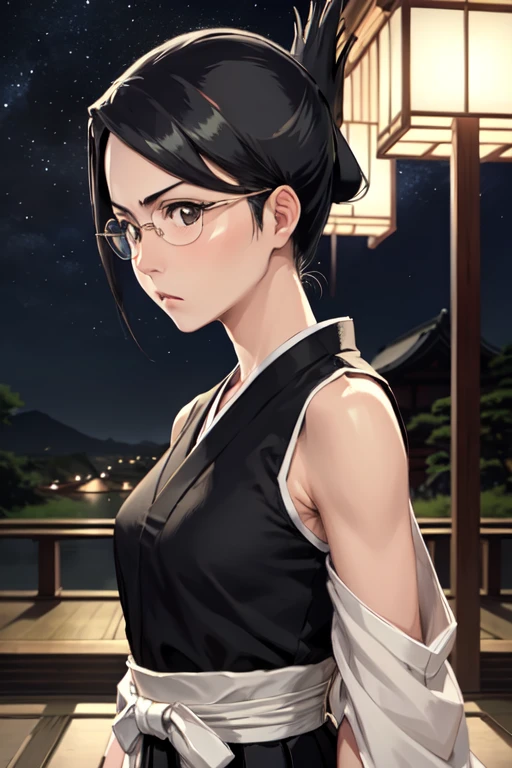 masterpiece, best quality, ise nanao, folded ponytail, glasses, black robes, sash, hakama skirt, upper body, japanese architecture, night sky, furrowed brow, from side, wearing tanktop