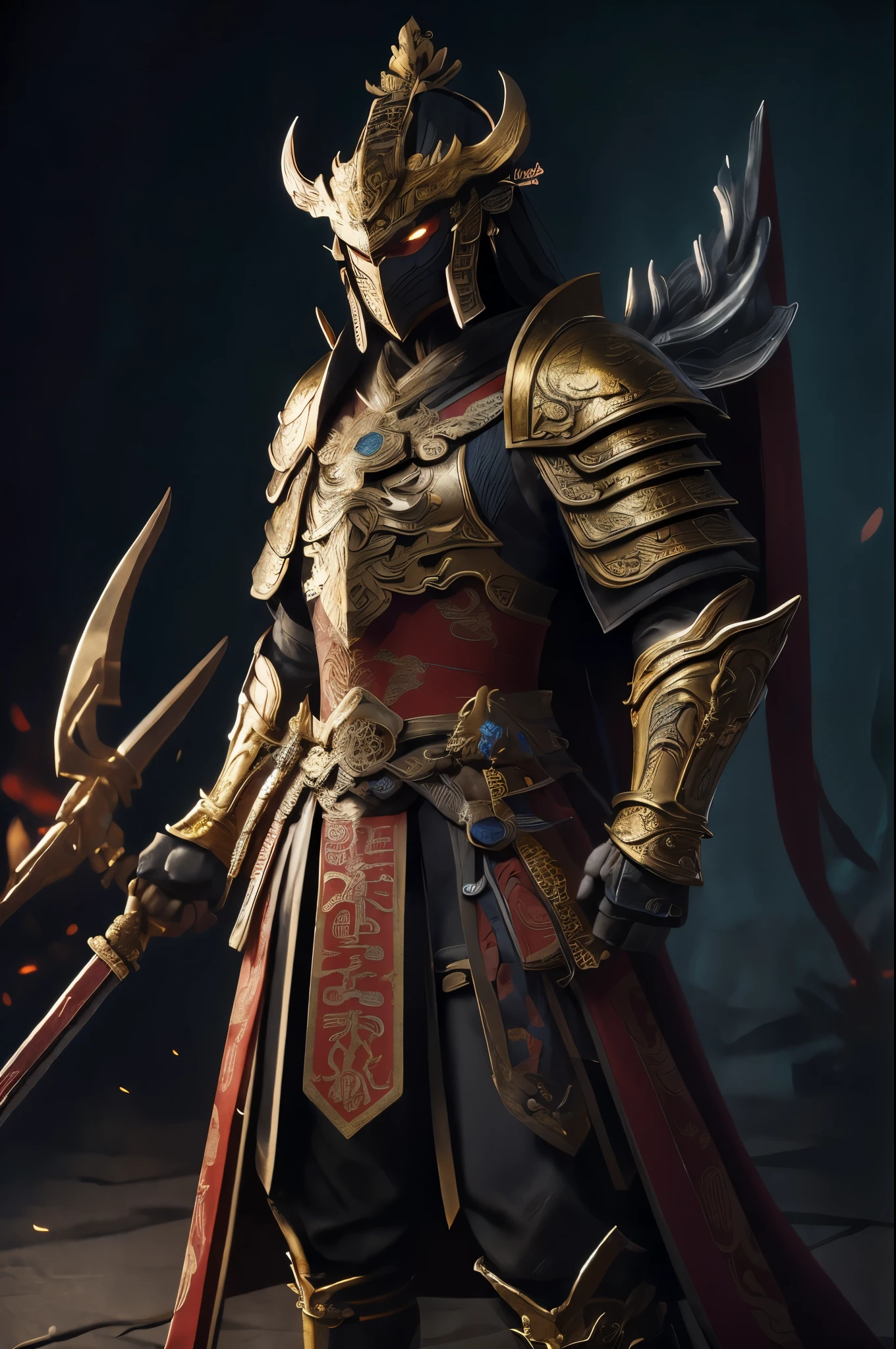 (8K) (Artstation is very detailed), ancient Chinese armor, characters wearing masks and armor, epic battle scenes, the dark part of the armor has the Chinese Loong pattern, the dragon pattern is very detailed, gold armor, the dark part of the character has rich details. The background is a Chinese fantasy scene, fantastical and colorful, with added scenes of flames burning in the background