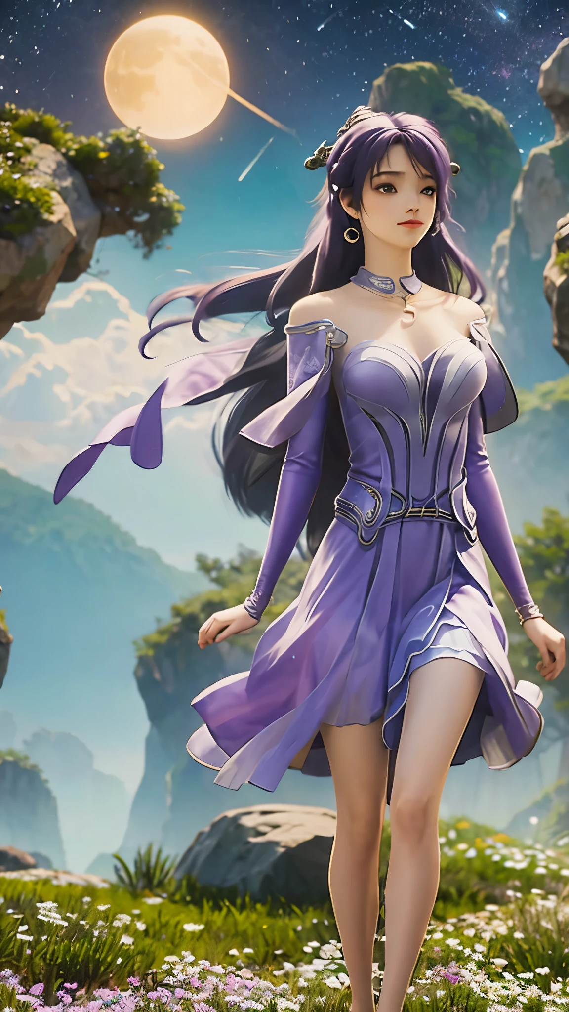 (full-body shot:1.4),1 Girl, Gorgeous, Beautifully, Purple Hair, Wearing a light purple dress, barefoot, look up to the sky, Standing in the sea, Perfect face, beautiful eyes, The sky is the Milky Way and stars, twilight, Shooting Meteorites, eager, Bokeh photography, (Soft Focus):1.2, Out-of-focus highlights, Dreamy atmosphere,Glowing circles, Fascinating depth