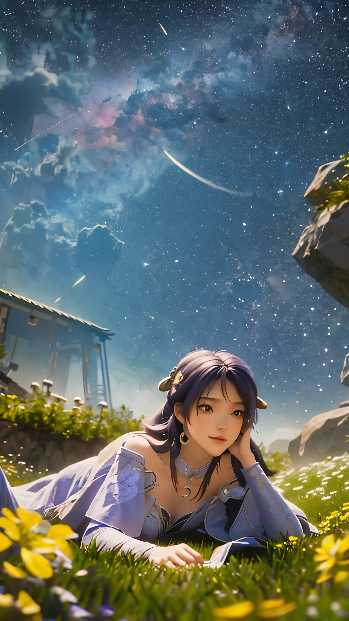 Describes a scene of a cute girl character lying on a grassy hill, Looking at the stars. Surround her with colorful nebulae and her favorite constellations.