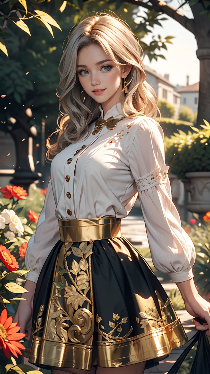 Claude Monet 、The Garden of Saint-Adresse、Dark green gold woven classical jumper skirt、Long Length、White woman、Silver Hair、blue eyes、Wavy hair、Smile