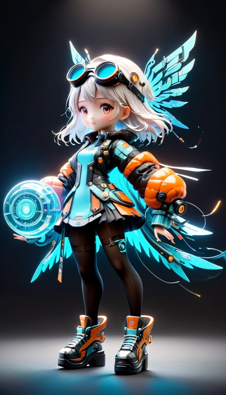 blind box, plastic toy, 3D tous, IP model, A cute little girl of the world, white hair, tech goggles, a holo-glowing translucent jacket, Time travel device, a lot of decoration, precision mechanical parts, glossy materials, futuristic, cyberpunk, resin material, full body, full Shot, Simple background, display lighting, volumetric lighting, oc render, volume rendering, 8K Resoulution, (Full body shot), (Mechanical shoes:1.2), (Black laser stockings), Super Fine, Unbelievably ridiculous, Extremely detailed, Delicate and dynamic, Pixar, 3d, c4d, Surrealism, rococo style, Cubist Futurism, Futurism, first-person view, pov, (anatomically correct), best quality, 8k, UHD, masterpiece, ccurate, textured skin, super detail, award winning, best quality