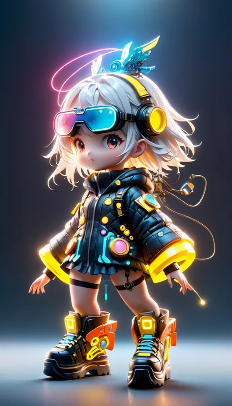 blind box, plastic toy, 3D tous, IP model, A cute little girl of the world, white hair, tech goggles, a holo-glowing translucent...