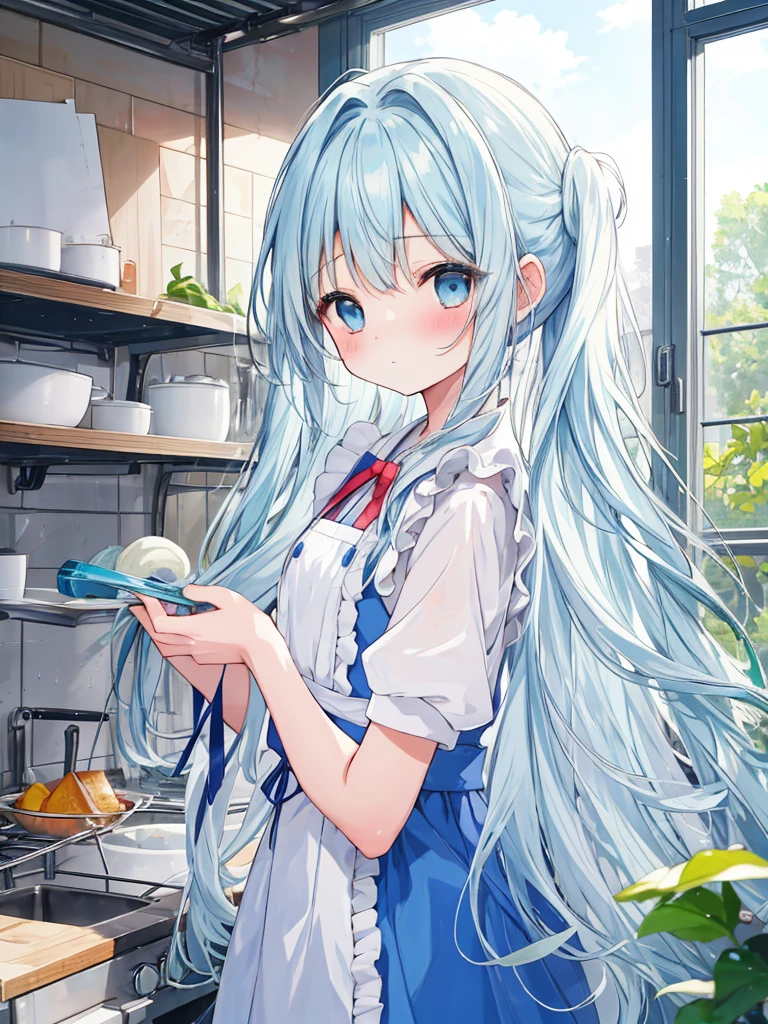 masterpiece, best quality, extremely detailed, (illustration, official art:1.1), 1 girl ,(((( light blue long hair)))), light blue hair, ,, long hair ((blush)) , cute face, big eyes, masterpiece, best quality,(((((a very delicate and beautiful girl))))),Amazing,beautiful detailed eyes,blunt bangs((((little delicate girl)))),tareme(true beautiful:1.2), ,,, affectionate smile,(8K, Raw photography, top-quality, ​masterpiece:1.2),、hi-school girl、、summer clothing、、be shy、Very cute、pony tail hairstyle、Classroom、Cooking Practice、I want to blush、Turning Pripan、pinafore、Holding a kitchen knife、Hand over the lunch box、