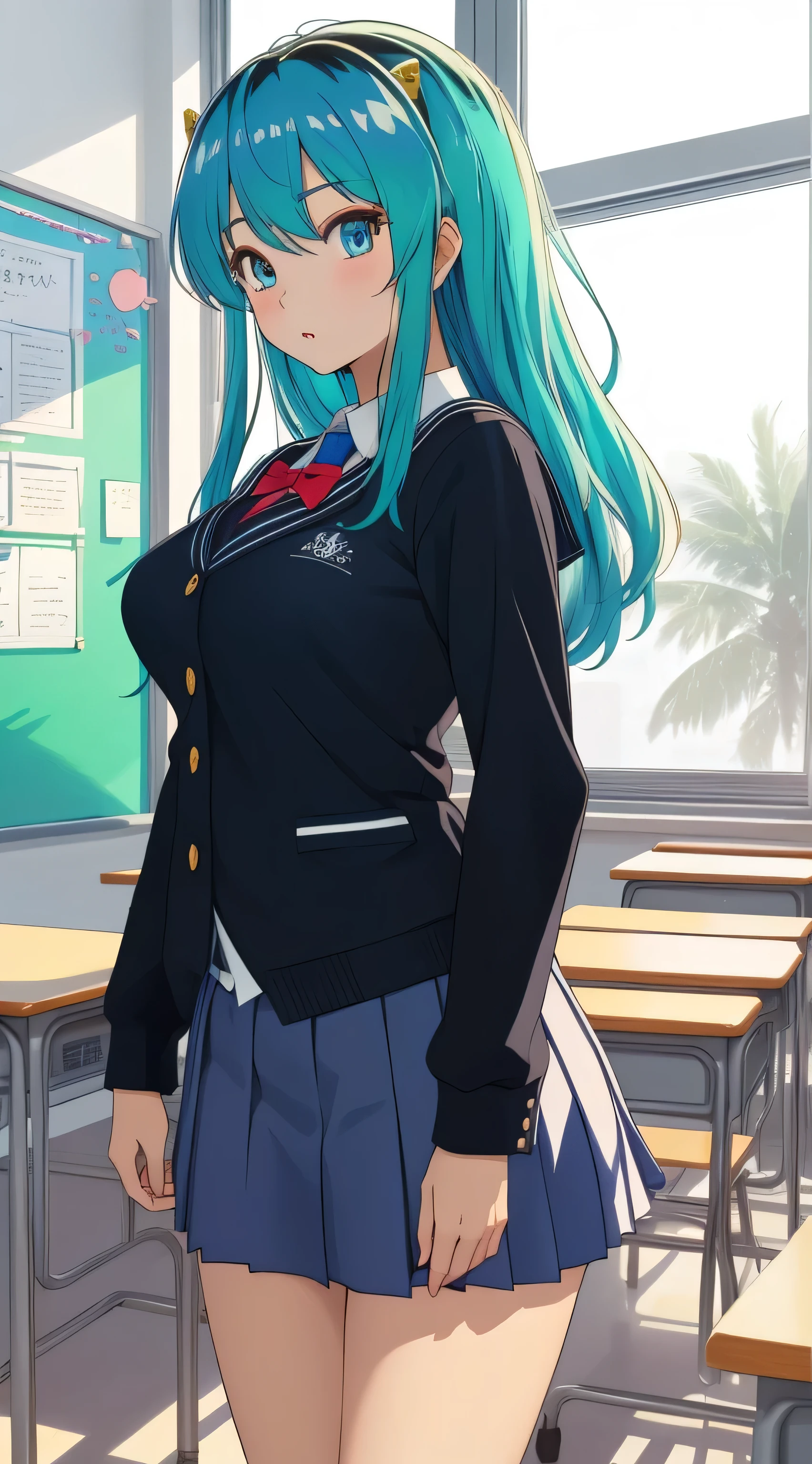 Ram, sexy, Mature face, Sexy smile、Extremely detailed eyes、Blue Eyes, Turquoise Hair、Cute demon horns、2Book corner、Tabletop, (Penetration: 1.2),((Short sailor suit, Detailed and accurate)), Summer 3/4 sleeve shirt、In a glamorous body, Big Breasts:1.6, ((School uniform skirt)), (I can see her panties, Lace, Accurate and detailed), Sexy Poses,refer to４Bookの中に親refer to１Book,On a desk in the classroom、Classroom Background、