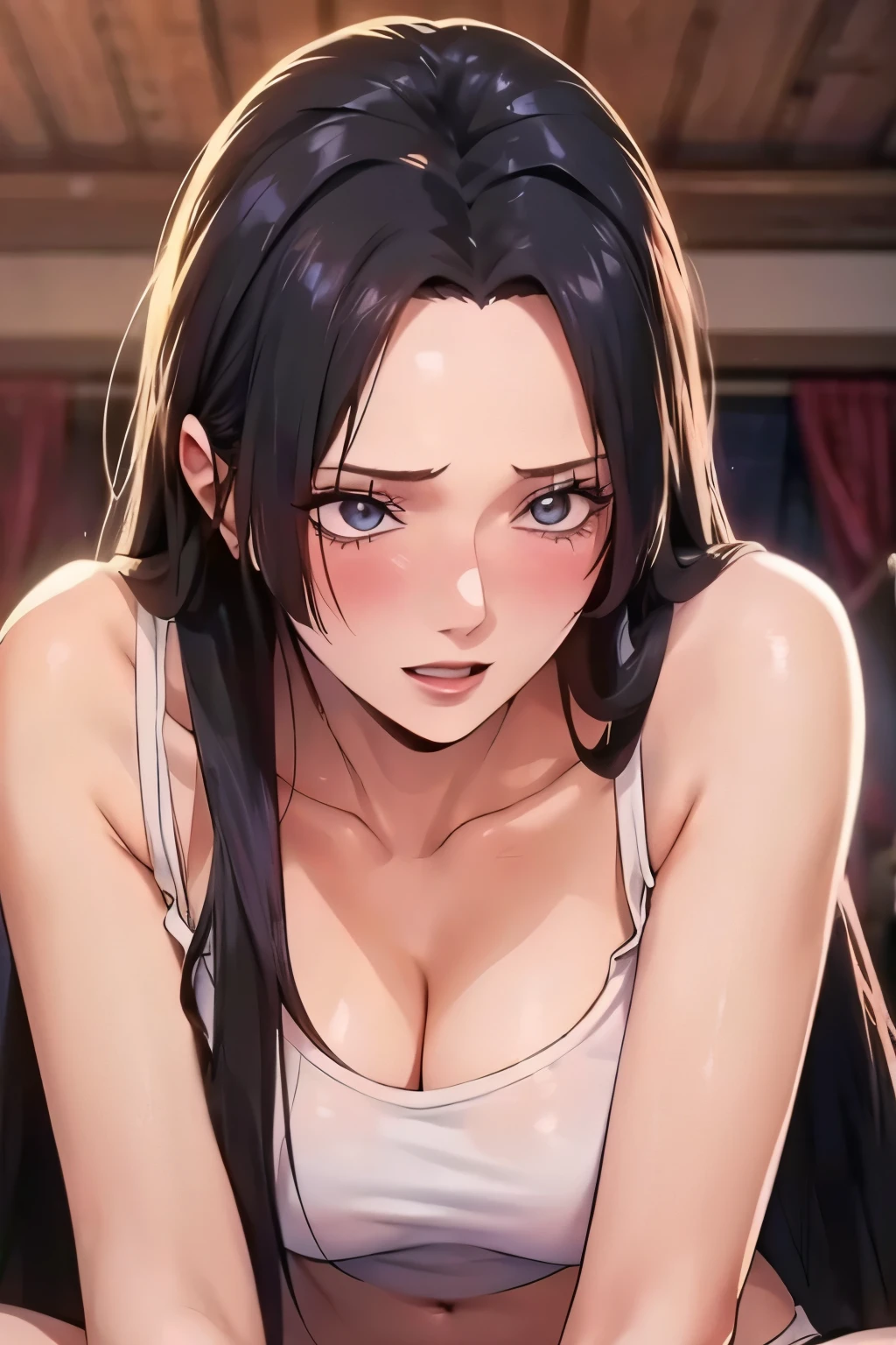 best quality, masterpiece, highly detailed,1girl, Boa Hancock, , (masterpiece:1.5), Detailed Photo, Smiling, Sexy, (8K, Best Quality: 1.4), (1girl), Beautiful Face, (anime realistic Face), (Black Hair, long Hair: 1.3), Beautiful Hairstyle, Realistic eyes, beautiful detail eyes, (white skin), beautiful skin, absurd, attractive, ultra high resolution, ultra realistic, high definition, golden ratio, (sexually aroused:1.5), Pinkish white skin, cool white light, sexy pose, Beautiful , white background, pink soft white light, Wear a white tank top