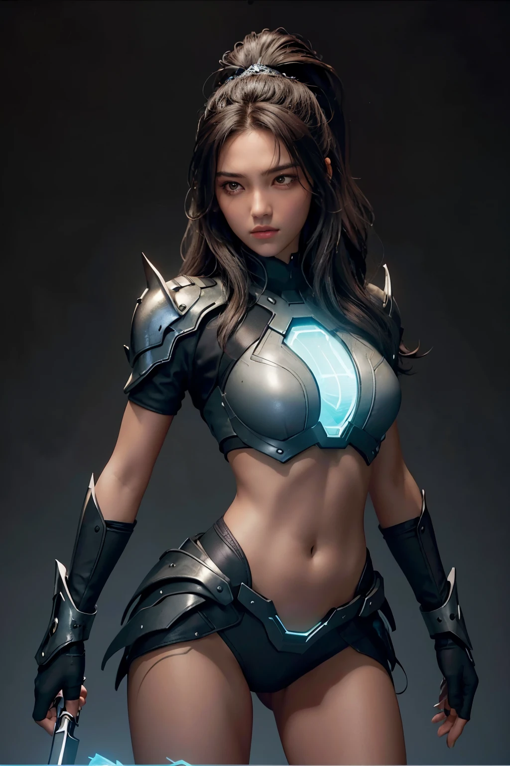 A long-haired chocolate-black haired girl dons a layer of sleek metallic futuristic neon-hued clothing, clutches an energetic glowing weapon in hand. Her physique is admirably toned as she gracefully poses, exuding an aura of mystery and power. The intricately detailed armor, glowing with a subtle anisotropy filtering effect, complements her luminous skin and shines with reflections of her surroundings. With a fierce expression, she gazes intently into the camera, the dynamic pose adding to the captivating image amidst the scientific fiction environment, bathed in the soft glow of HDR, Ray tracing, and