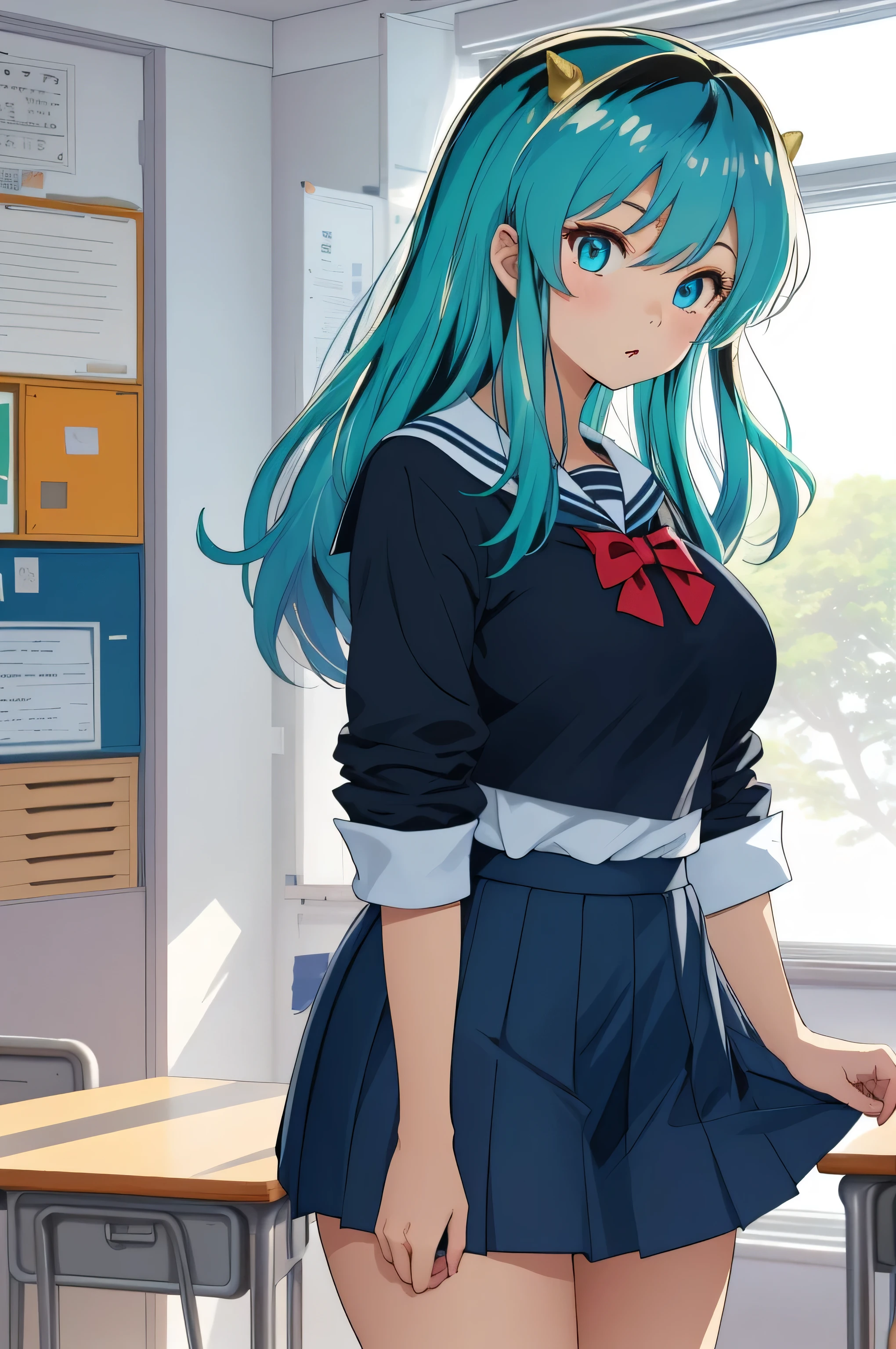 Ram, sexy, Mature face, Sexy smile、Extremely detailed eyes、Blue Eyes, Turquoise Hair、Cute demon horns、2Book corner、Tabletop, (Penetration: 1.2),((Short sailor suit, Detailed and accurate)), Summer 3/4 sleeve shirt、In a glamorous body, Big Breasts:1.6, ((School uniform skirt)), (I can see her panties, Lace, Accurate and detailed), Sexy Poses,refer to４Bookの中に親refer to１Book,On a desk in the classroom、Classroom Background、