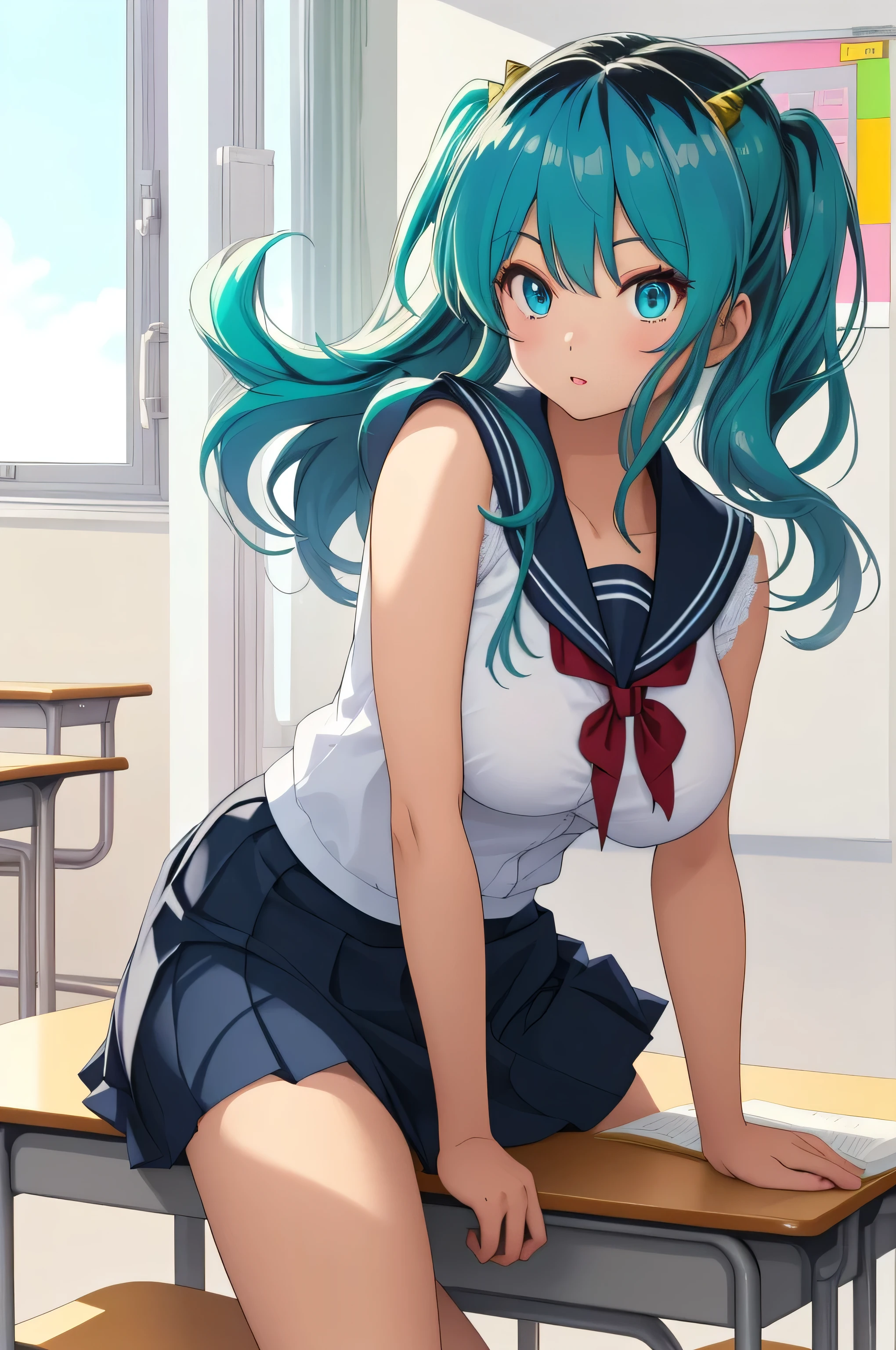 Ram, sexy, Mature face, Sexy smile、Extremely detailed eyes、Blue Eyes, Turquoise Hair、Cute demon horns、2Book corner、Tabletop, (Penetration: 1.2),((Short sailor suit, Detailed and accurate)), Summer 3/4 sleeve shirt、In a glamorous body, Big Breasts:1.6, ((School uniform skirt)), (I can see her panties, Lace, Accurate and detailed), Sexy Poses,refer to４Bookの中に親refer to１Book,On a desk in the classroom、Classroom Background、