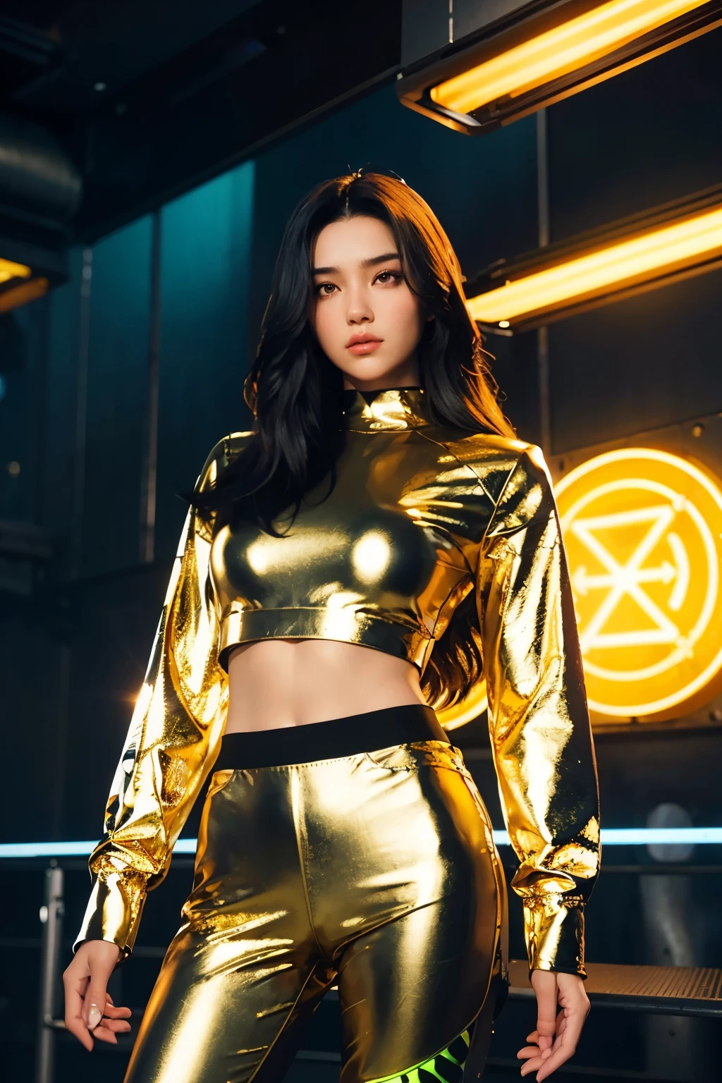 A long-haired chocolate-black haired girl, clad in a metallic layered futuristic neon-hued ensemble, wields a glowing, pulsating energy weapon in hand. The metallic fabric of her suit reflects the surrounding environment, creating intricate patterns and shimmering effects. Her eyes gleam with intelligence and determination, her posture dynamic and confident. The scene is set in a dimly lit, scientific fiction backdrop, with neon signs flickering in the background and various high-tech machinery humming softly. The air is thick with anticipation and excitement, as if on the brink of an epic battle. The image is rendered in the highest quality, with extreme attention to