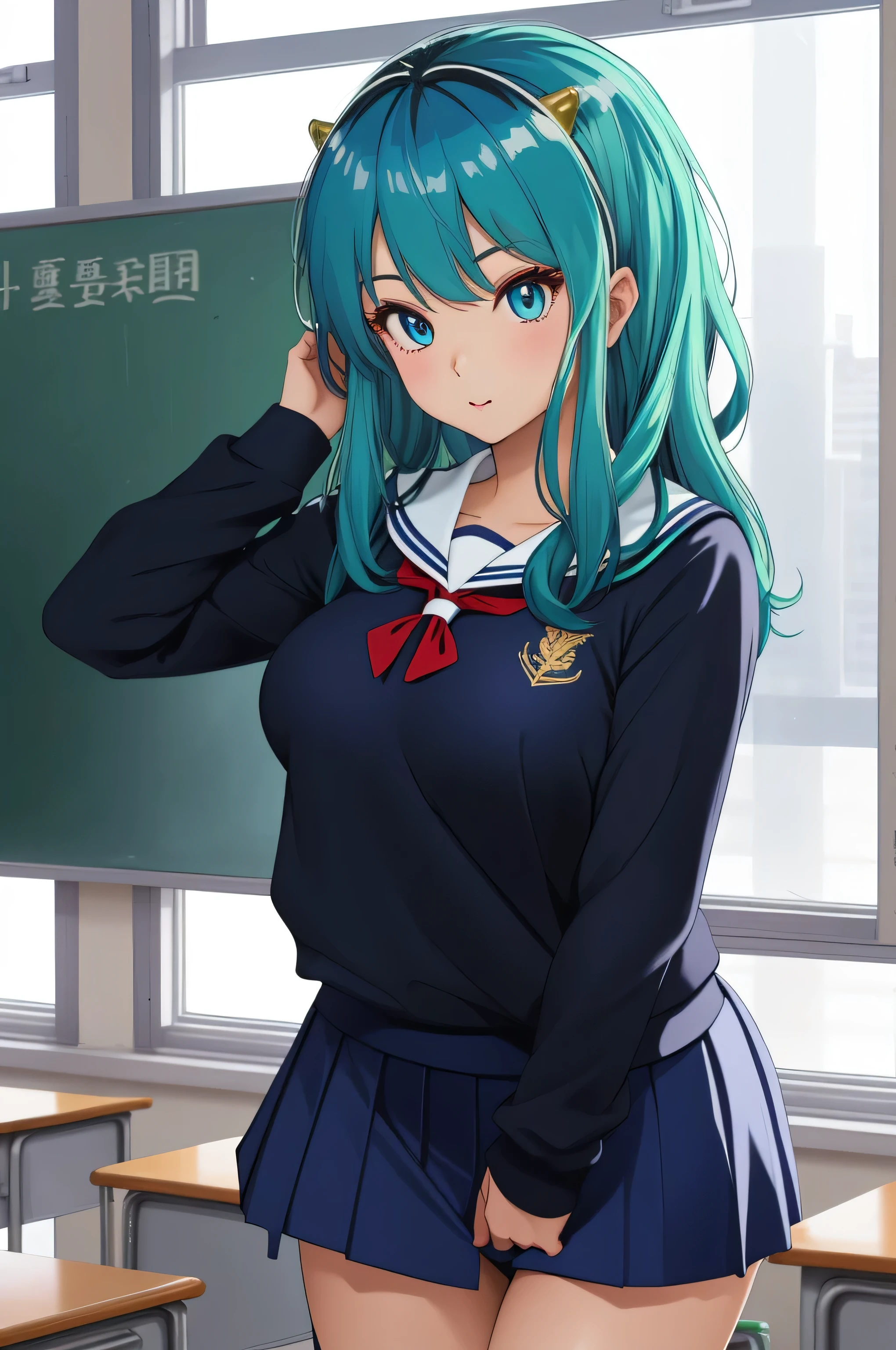 Ram, sexy, Mature face, Sexy smile、Extremely detailed eyes、Blue Eyes, Turquoise Hair、Cute demon horns、2Book corner、Tabletop, (Penetration: 1.2),((Short sailor suit, Detailed and accurate)), Summer 3/4 sleeve shirt、In a glamorous body, Big Breasts:1.6, ((School uniform skirt)), (I can see her panties, Lace, Accurate and detailed), Sexy Poses,refer to４Bookの中に親refer to１Book,On a desk in the classroom、Classroom Background、