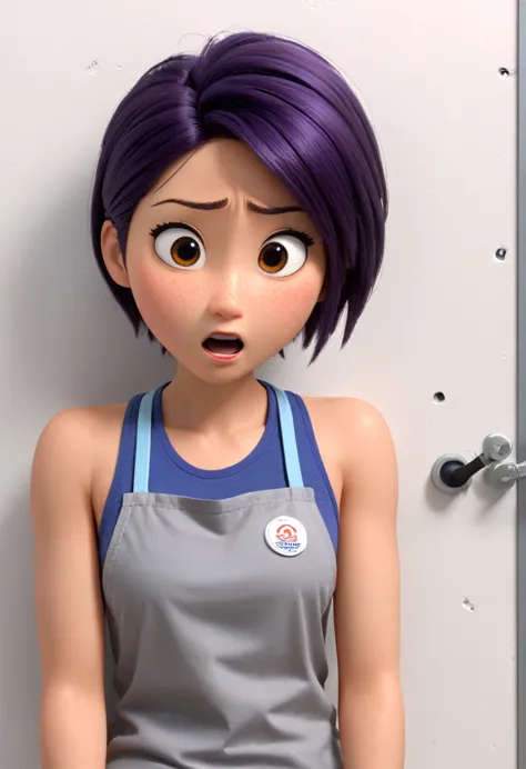 Une Japonaise de 14 ans, cheveux bleu, dark purple necklace, Grey tank top, terrified, stuck to the wall with super strong black...