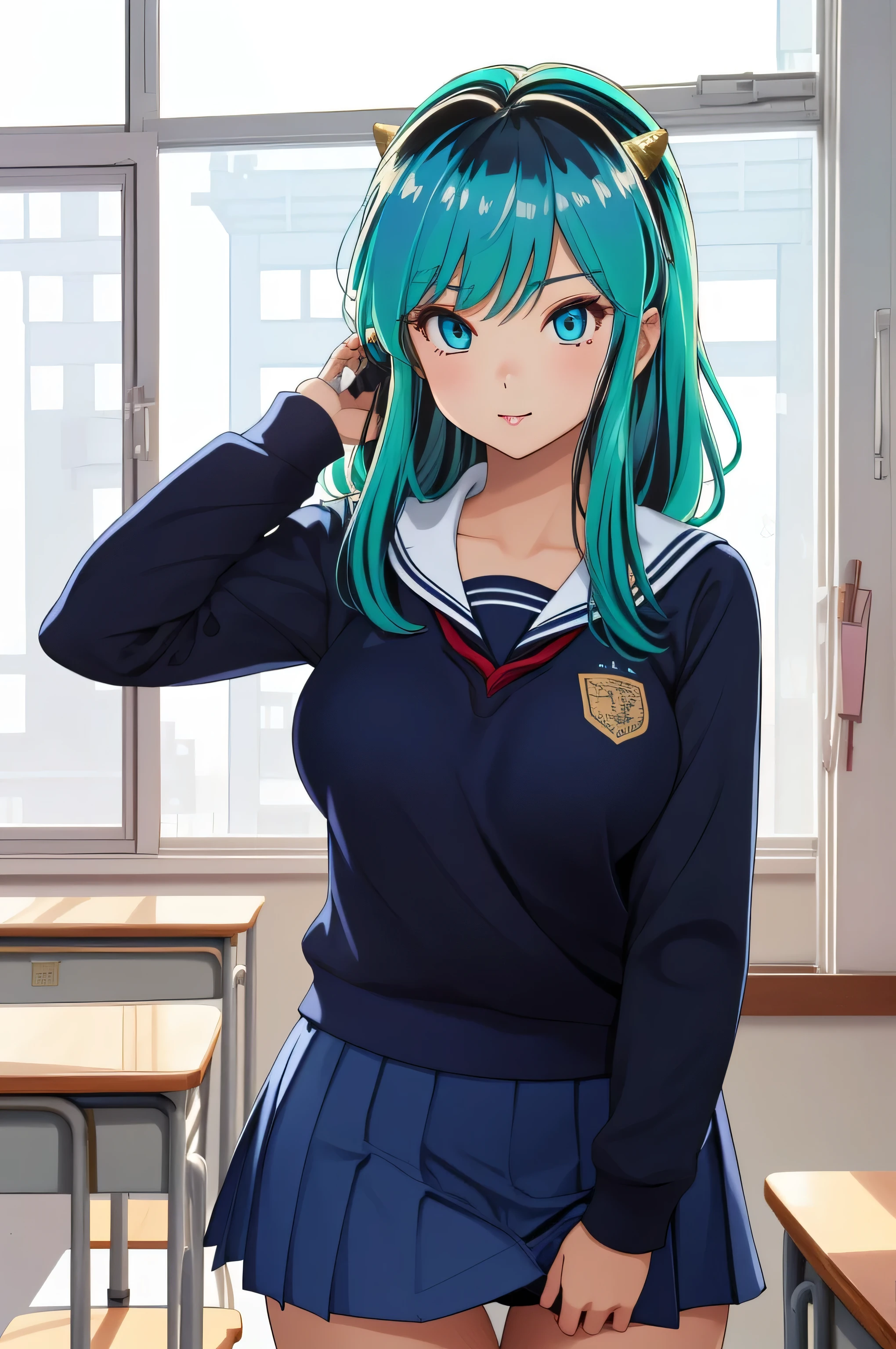 Ram, sexy, Mature face, Sexy smile、Extremely detailed eyes、Blue Eyes, Turquoise Hair、Cute demon horns、2Book corner、Tabletop, (Penetration: 1.2),((Short sailor suit, Detailed and accurate)), Summer 3/4 sleeve shirt、In a glamorous body, Big Breasts:1.6, ((School uniform skirt)), (I can see her panties, Lace, Accurate and detailed), Sexy Poses,refer to４Bookの中に親refer to１Book,On a desk in the classroom、Classroom Background、