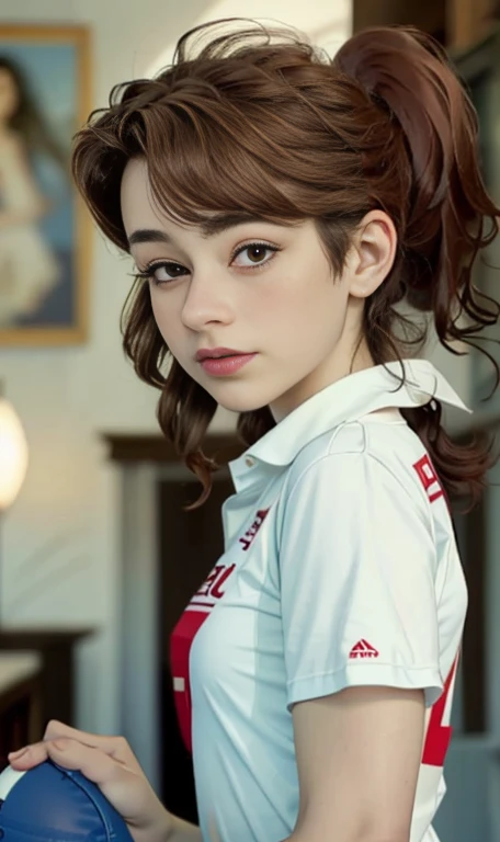 Photo of a 14 year-old american girl, .RAW, beautiful teenage girl, (Long brown hair with ponytail), light brown hair ponytail hairstyle((portrait)), ((detailed face:1.2)), ((detailed facial features)), (finely detailed skin)  , (Tabletop) (perfect proportions realistic photos)(The best quality) (detailed) photographed with a Canon EOS R5, 50mm lens, f/2.8, NffSW, (8k) (wallpaper) (cinematic lighting) (Dramatic lighting) (Sharp focus) (Convoluted) medium breasts , medium breasts , many freckles on cheeks and nose , freckles on chest, Whole body , beautiful body of a teenage woman,  cute makeup , big smile  , statuesque thin woman , base ball clothing , base ball uniform , foto de Whole body