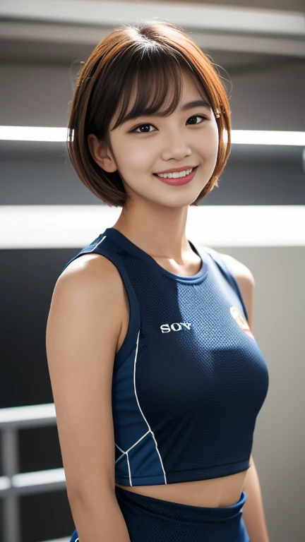 A girl named , Short Hair, Brown Hair, 28 years old, ample bosom, Slender, Round face, drooping eyes, dimples, fang, winking smile, first-person view, Retro Flare, f/2.0, 105mm, Sony, UHD, retina, masterpiece, ccurate, anatomically correct, textured skin, super detail, high details, high quality, best quality, highres, 1080P, HD, 4K, 8k, training wear