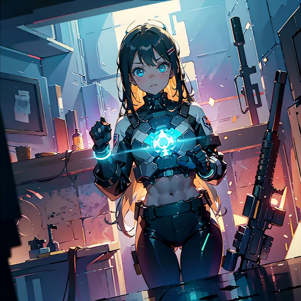 1female\(cute,kawaii,age of 16,,hair color neon,hair clip,eye color cosmic,big eyes,pale skin,extremy white skin,glossy body,futuristic costume,(open stomach:1.0),six-pack abs,(cute pose:1.6),aiming a laser gun\),background\(at noisy city,neon lights,outside,night,skyscraper\), BREAK ,quality\(8k,wallpaper of extremely detailed CG unit, ​masterpiece,hight resolution,top-quality,top-quality real texture skin,hyper realisitic,increase the resolution,RAW photos,best qualtiy,highly detailed,the wallpaper,cinematic lighting,ray trace,golden ratio\),(dynamic angle:1.5),from below,(close up:0.6),[nsfw:2.0],[nsfw:2.0]