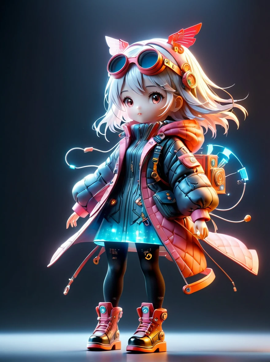 blind box, plastic toy, 3D tous, IP model, A cute  of the world, white hair, tech goggles, a holo-glowing translucent jacket, Time travel device, a lot of decoration, precision mechanical parts, glossy materials, futuristic, cyberpunk, resin material, full body, full Shot, Simple background, display lighting, volumetric lighting, oc render, volume rendering, 8K Resoulution, (Full body shot), (Mechanical shoes:1.2), (Black laser stockings), Super Fine, Unbelievably ridiculous, Extremely detailed, Delicate and dynamic, Pixar, 3d, c4d, Surrealism, rococo style, Cubist Futurism, Futurism, first-person view, pov, (anatomically correct), best quality, 8k, UHD, masterpiece, ccurate, textured skin, super detail, award winning, best quality