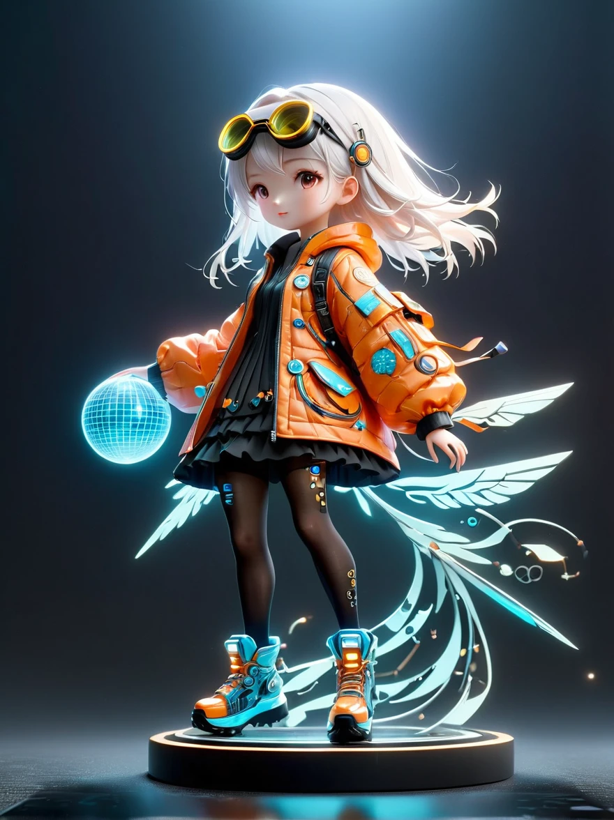 blind box, plastic toy, 3D tous, IP model, A cute little girl of the world, white hair, tech goggles, a holo-glowing translucent jacket, Time travel device, a lot of decoration, precision mechanical parts, glossy materials, futuristic, cyberpunk, resin material, full body, full Shot, Simple background, display lighting, volumetric lighting, oc render, volume rendering, 8K Resoulution, (Full body shot), (Mechanical shoes:1.2), (Black laser stockings), Super Fine, Unbelievably ridiculous, Extremely detailed, Delicate and dynamic, Pixar, 3d, c4d, Surrealism, rococo style, Cubist Futurism, Futurism, first-person view, pov, (anatomically correct), best quality, 8k, UHD, masterpiece, ccurate, textured skin, super detail, award winning, best quality