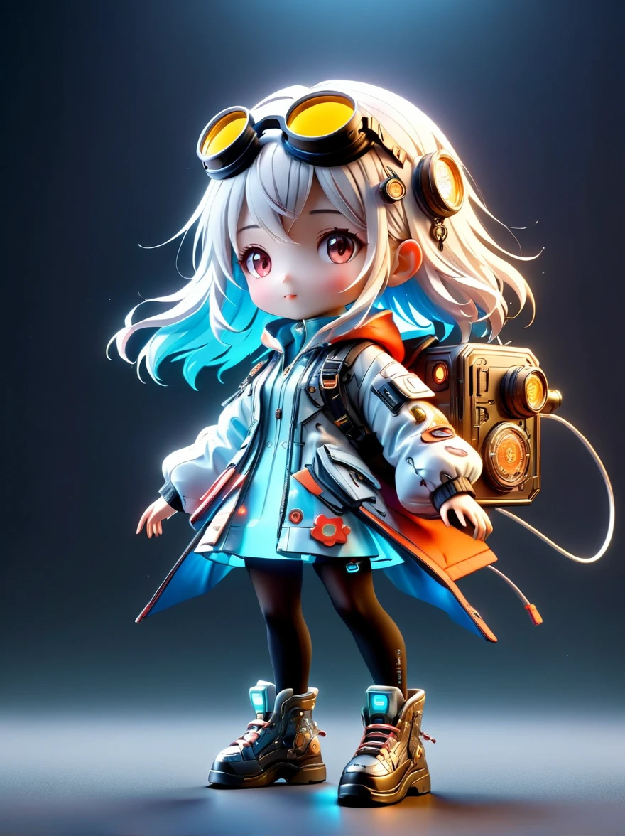 blind box, plastic toy, 3D tous, IP model, A cute  of the world, white hair, tech goggles, a holo-glowing translucent jacket, Time travel device, a lot of decoration, precision mechanical parts, glossy materials, futuristic, cyberpunk, resin material, full body, full Shot, Simple background, display lighting, volumetric lighting, oc render, volume rendering, 8K Resoulution, (Full body shot), (Mechanical shoes:1.2), (Black laser stockings), Super Fine, Unbelievably ridiculous, Extremely detailed, Delicate and dynamic, Pixar, 3d, c4d, Surrealism, rococo style, Cubist Futurism, Futurism, first-person view, pov, (anatomically correct), best quality, 8k, UHD, masterpiece, ccurate, textured skin, super detail, award winning, best quality