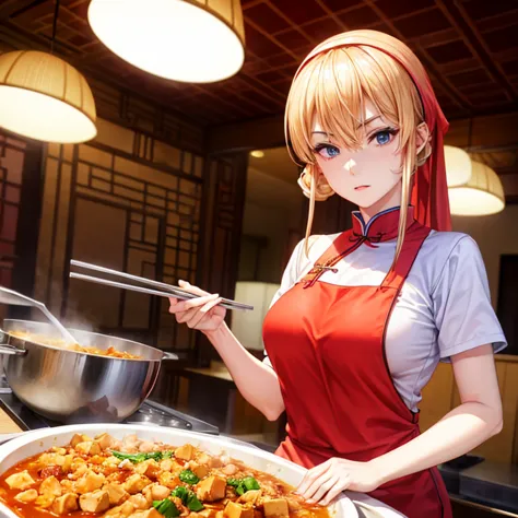 With a towel wrapped around my head at a Chinese restaurant､A blonde woman in a Chinese dress making mapo tofu　highest quality　W...