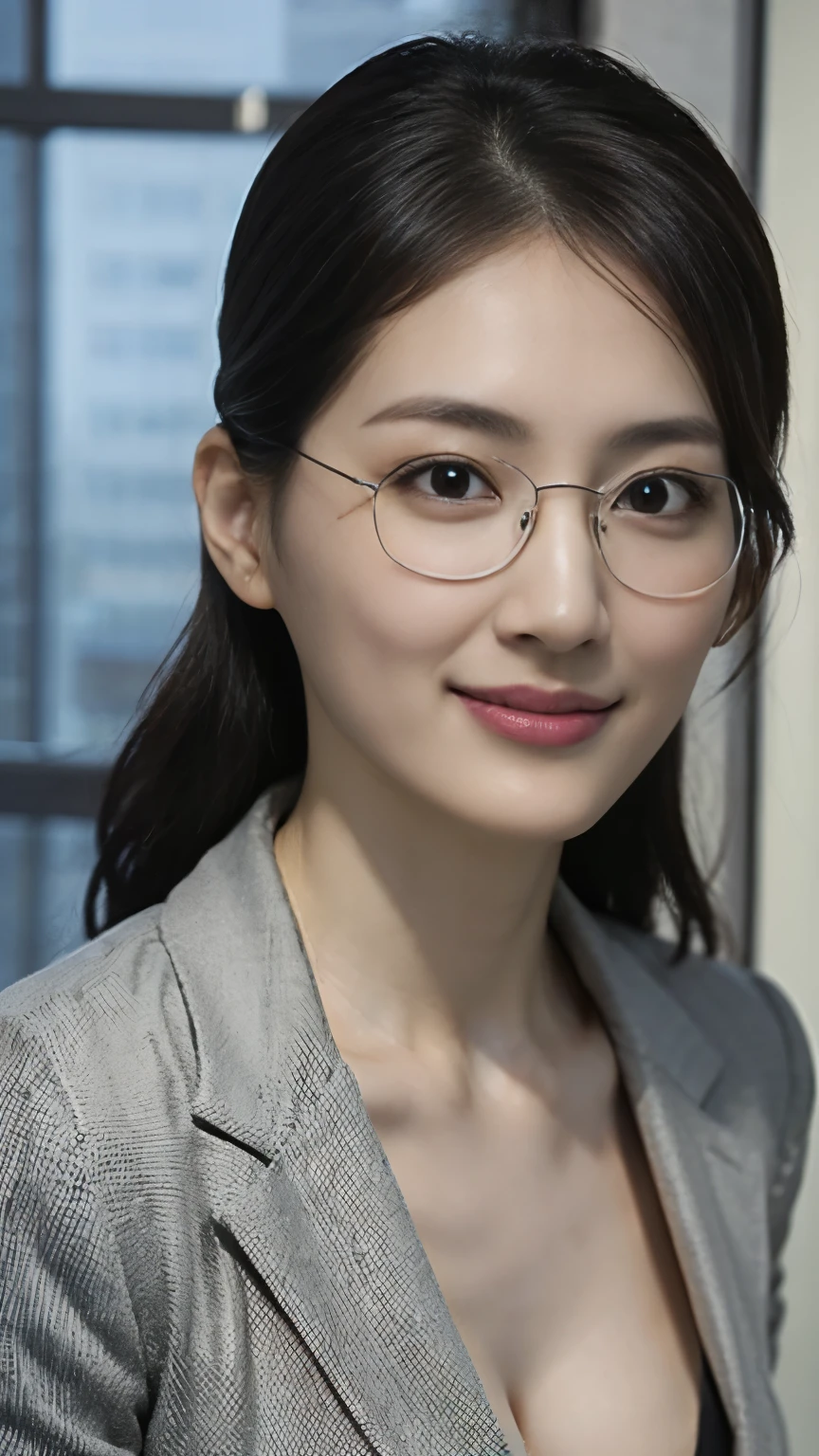 1 Female,Photorealistic,Highest quality,Ultra high definition,8K,Cool Beauty,Beauty,Perfect Style,In a suit,Cleavage,Japanese,Upper body close-up,looking at the camera,Thin glasses