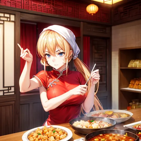 With a towel wrapped around my head at a Chinese restaurant､A blonde woman in a Chinese dress making mapo tofu　highest quality　