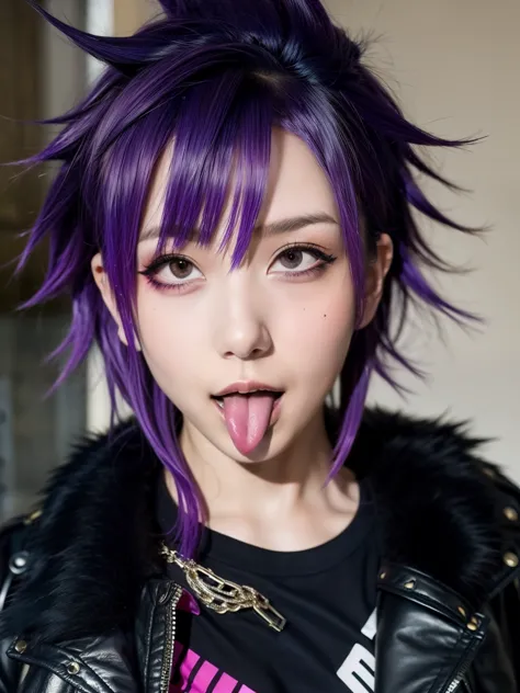 1girl, punk, punk girl, punk hair, street, purple hair, tongue, jacket