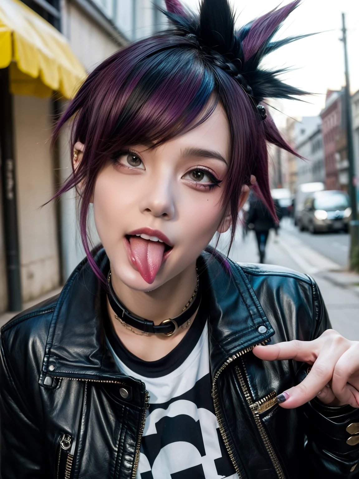 1girl, punk, punk girl, punk hair, street, tongue, jacket,