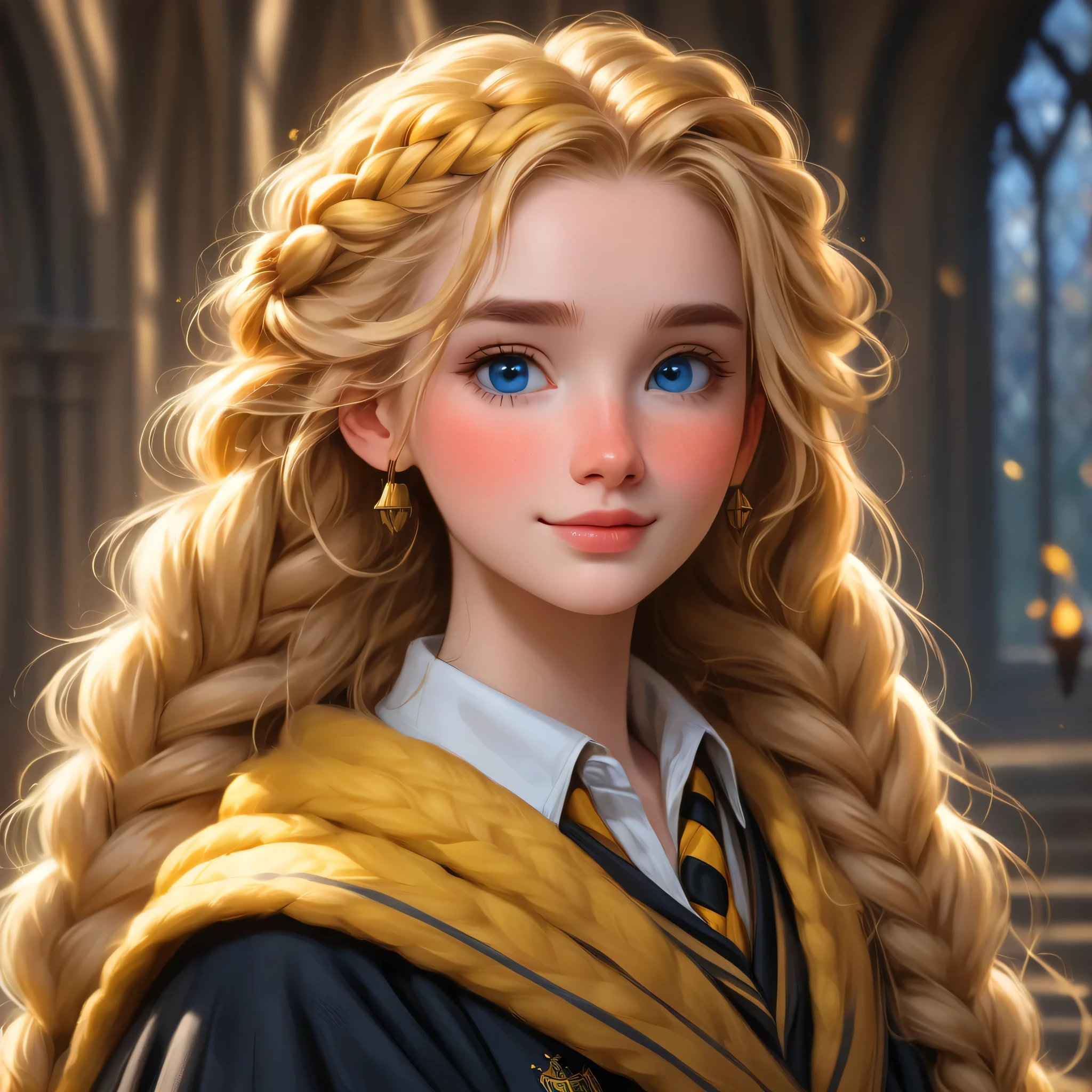 mejor calidad, obra maestra, Ponte un uniforme de Hufflepuff Hogwarts.,Casa Hufflepuff, Usa una capa de Hufflepuff., (((pelo trenzado))), Rubio dorado, serious, muy travieso, lindo y brillante, ser feliz, sonrisa, pecas en la cara, ojos azules detallados, cara detallada, Piel fina, luz tenue, misterioso, Vale la pena descubrirlo., sombra suave, textura detallada, luz dinámica, Abrazar a un Golden Retriever, Antecedentes de Hogwarts, Tema de Hogwarts