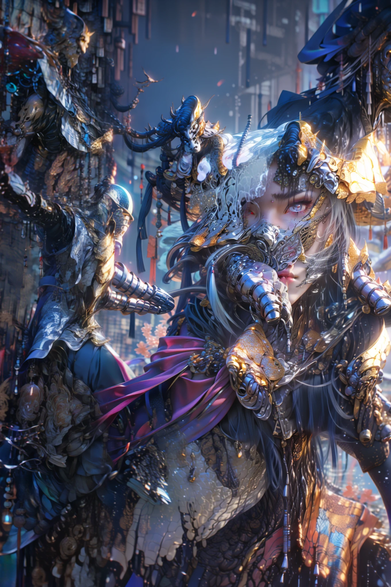 (8K) (Artstation is very detailed), there are three people in the picture, all wearing lava masks and armor, ancient Chinese armor, epic battle scenes, the dark part of the armor has the pattern of Chinese Loong, gold armor, and the dark part of the character has rich details. The background is a Chinese style fantasy scene, with full screen and ultra detailed studio lighting, ultra fine painting, clear focus, physics based rendering, extremely detailed description, professional, bright colors, scattered scenes, landscape, fiery red and dark black,