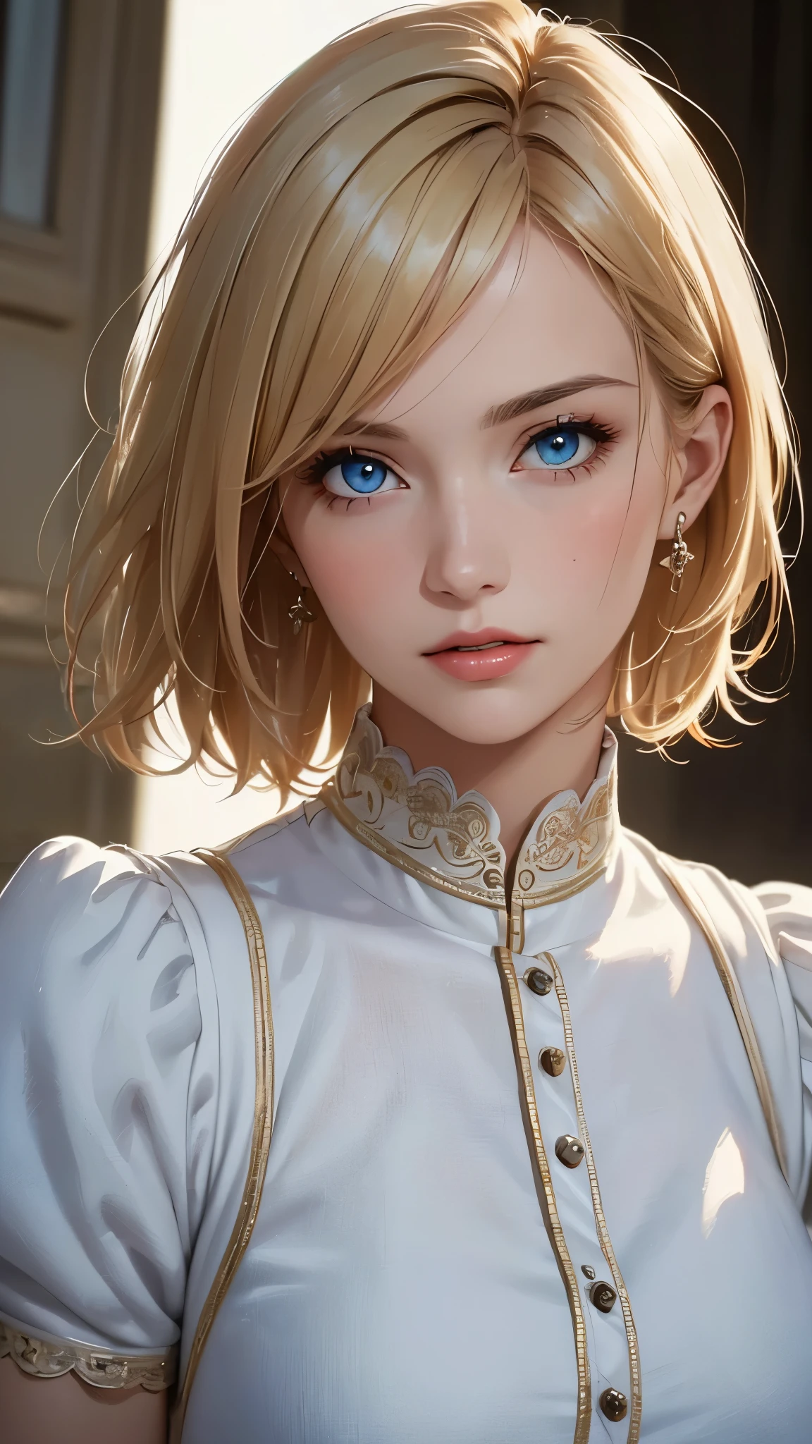 (highest quality,4k,8K,High resolution,masterpiece:1.2),Super detailed,realistic:1.37,portrait,blonde,blue eyes,white skin,medieval clothing,detailed facial features,beautiful lips,gorgeous eyes,A wonderful expression,retro style,soft lighting,Bright colors,short hair,break,cowboy shot,