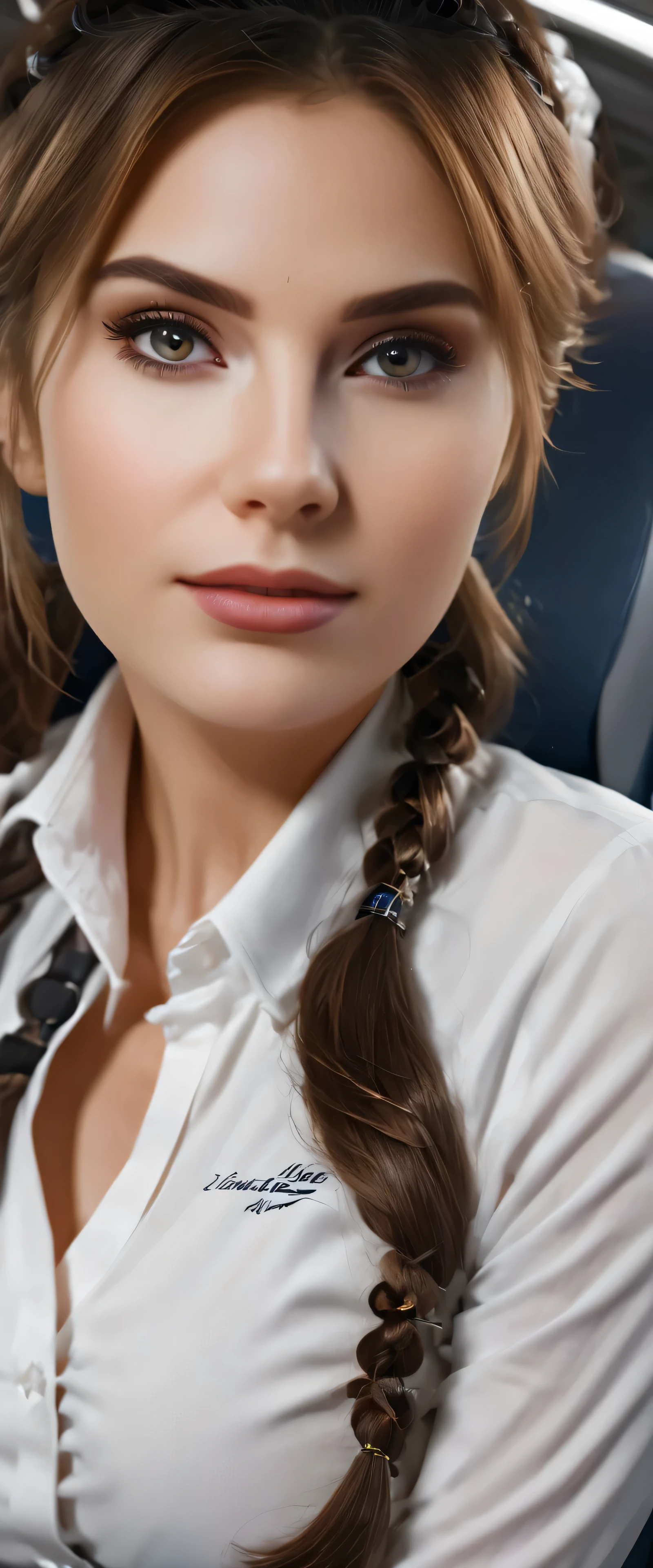 UHD,beautiful detailed eyes,beautiful detailed lips,extremely detailed face, long eyelashes,sophisticated hairstyle, professional uniform, airplane cabin, elegant posture,anatomically_perfectly_proportioned.body, confident expression, soft natural lighting, realistic rendering, vibrant colors.STOP.Safe_for_Work:2