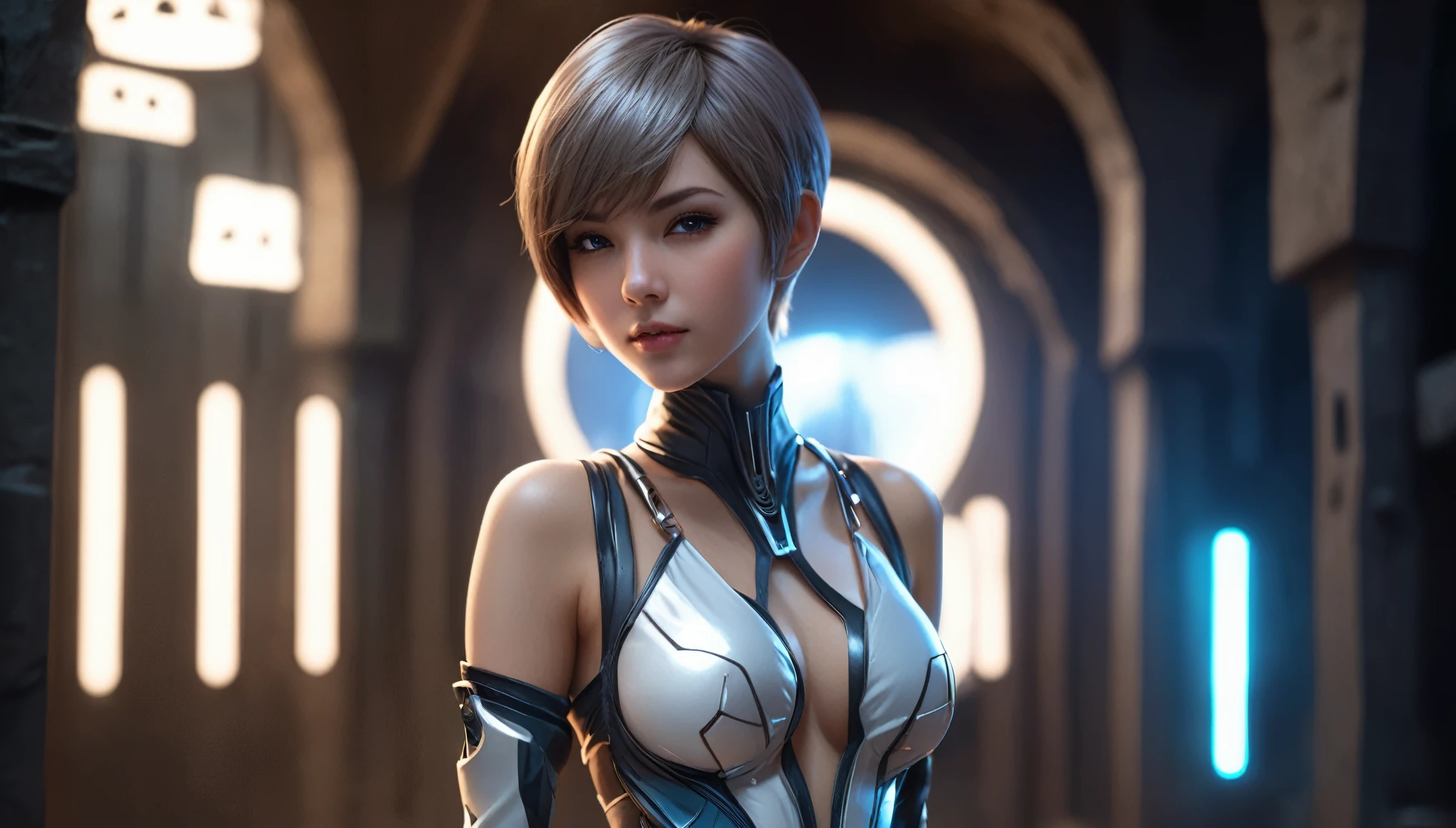 Top Quality, Masterpiece, High Resolution, 8k, (((girl in futuristic silky outfit with bare back, full body view, small perky breasts, beautiful detailed eyes, no lipstick, extremely detailed face, pixie asymmetrical hair cut, small hips, in a dungeon, behind back)))