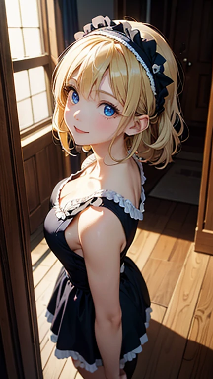 (masterpiece, highest quality, highest quality,official art),(1 girl:1.3),(attractive girl),((masterpiece, highest quality))、8K、one woman、（2）、((blonde))、shortcut、attractive woman、blue eyes、Big eyes、sparkling eyes、Beautifully drawn eyes、challenging smile、small bust、blue gothic maid、white headband、(look back)、Knee to head、Corridor of a luxurious house、aerial perspective、pure、transparent、Light、Light、