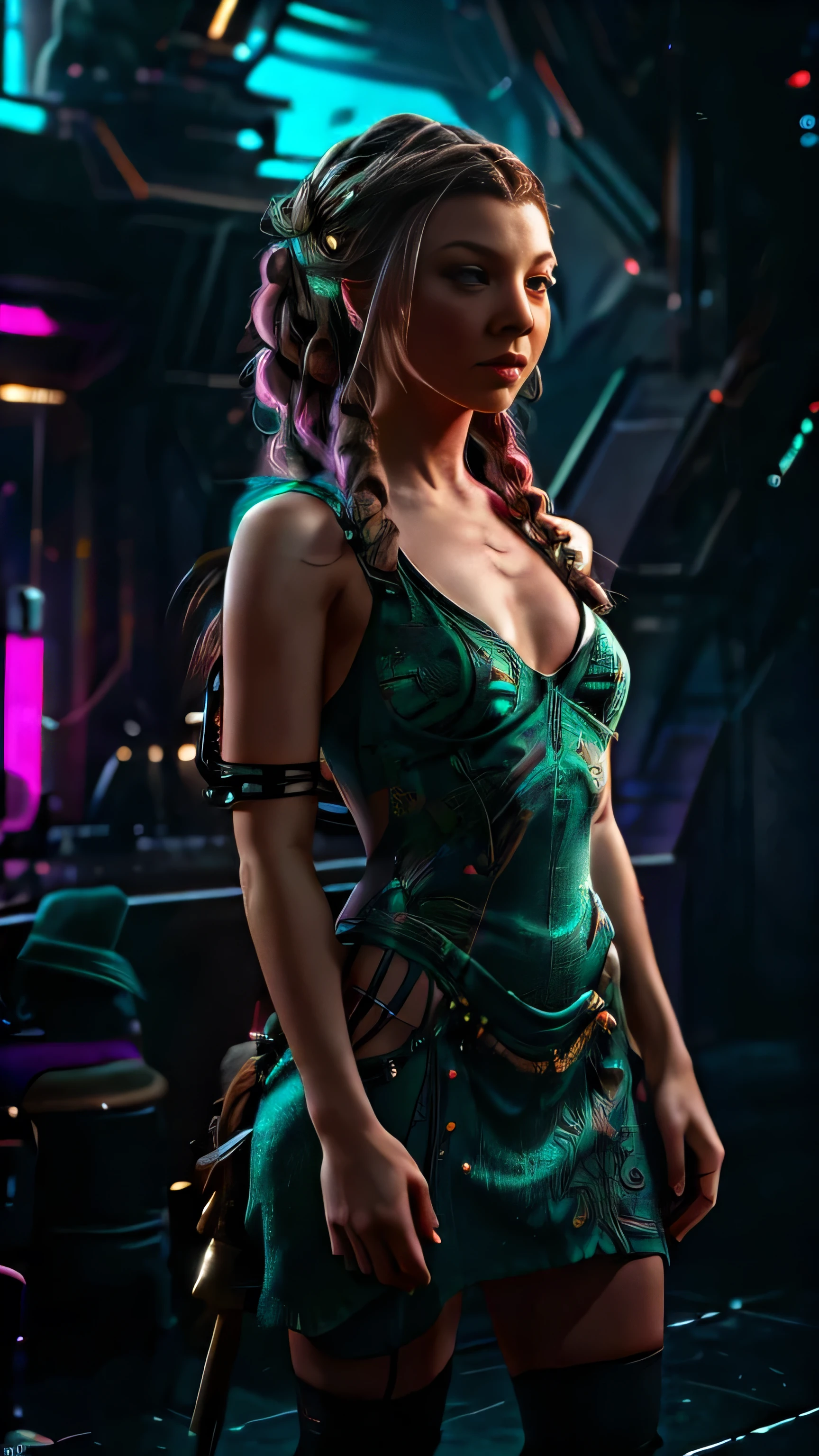 (сyberpunk style), neon, (Natalie Dormer) as Margaery Tyrell, green сyberpunk mini dress, сyberpunk headband, standing, at a party, (1woman), (solo), (full body view), beautiful detailed glow, detailed, cinematic light, intricate detail, realistic, highres, detailed facial features, high detail, sharp focus, smooth, aesthetic, extremely detailed, stamp, octane render