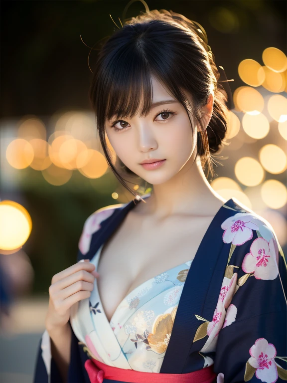 (highest quality:1.5)、(Real:1.5)、(1 person:1.5)、Medium Shot、(Very detailed)、(High resolution)、8k、Normal milk、Natural color lip、Japanese women、24 year old girl、Thin eyebrows、Beautiful and elegant face、Cute face、Arched thin eyebrows、(Large, balanced eyes)、Big Eyes、Fair skin、Beautiful and elegant face、Natural Bangs、Beautiful and thin nose、 Beautiful Skin、Medium Bob Hair、Natural Bangs、Perfect and beautiful facial features、Slim face and figure、（Bright lighting）、Professional Lighting、（Lighting from the front）、Outdoor、Beautiful cleavage、1 personの少女、Cute and sexy slim 24 year old woman、Fair skin、(A dreamy look)、(yukata)、(Normal milk)、(A simple pose facing forward)、(Beautiful Obi)、Beautiful clavicle、(Brightly colored fireworks burst into flames at a night festival)、summer、