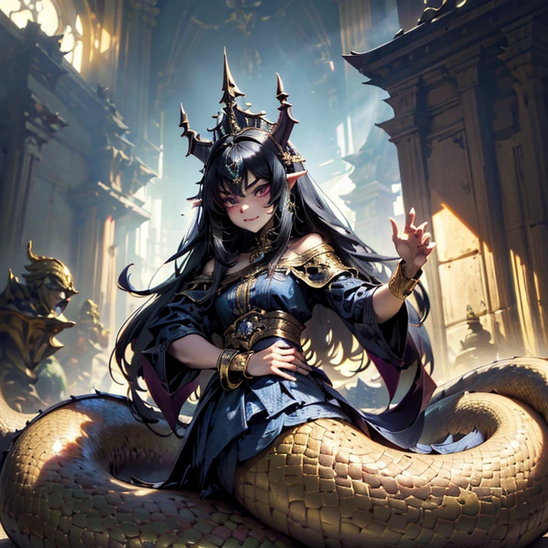 (Superflat, Flat Shading),Lamia Queen\(cute,kawaii,small kid,Geeky feel,Black Scales,Arrogant and sharp gaze,Intimidating posture,Blue pattern on the scales,long fluffy black hair,Gold Chain Mail,bracelet,Taking an arrogant stance on the royal throne,evil smile,Barbaric style,very cute,dynamic pose,\), BREAK ,Dark fantasy,dynamic wide view,full body,High angle,quality\(8k,wallpaper of extremely detailed CG unit, ​masterpiece,hight resolution,top-quality,top-quality real texture skin,hyper realisitic,increase the resolution,RAW photos,best qualtiy,highly detailed,the wallpaper,cinematic lighting,ray trace,golden ratio,\),dynamic angle,(nsfw:0.7),better hand