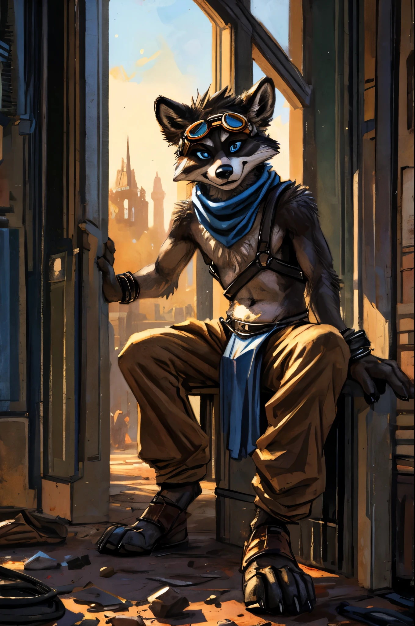 no lighting, deep shadow, dynamic angle, Solo, teen furry, furry, teen, raccoon, grey body, long brown spiked_ponytail, Detailed body fur, long blue scarf, leather_harness, blue_loincloth, goggles, masterpiece, gray body, Detailed face, big eyebrows, blue eyes, detailed eyes, No muscles, Detailed hands, Flat body, Skinny, Detailed paws, metal cuffs on wrists, metal cuffs on ankles, black baggy pants, no shirt, crowded nightclub, no underwear, sitting, art by kenket