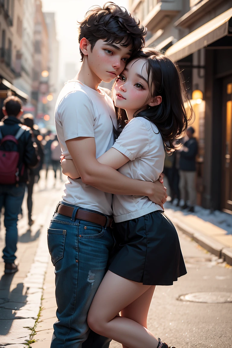 (masterpiece, best quality), 1 boy and 1 girl，Hug face to face，Boy standing support，The girl jumped up and hugged his neck，Girl&#39;s head is higher than boy&#39;s head，Feet off the ground，Dark brown messy hair，Sleeveless crewneck shirt. Short shirt，outdoor，Night view，Camera looking down from the air，snow，Large snowflakes，Street Lights，Outside the concert，Short skirt, only，whole body，panoramic，Vision，Snowflakes also appear in the foreground，