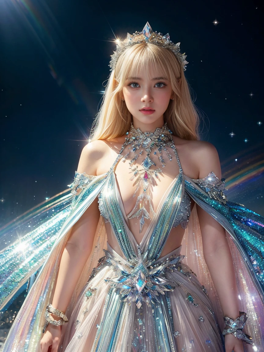 ultra detailed 8k cg, (STANDING:1.3),intricate detail, delicate patern, jewelry, gems, crystals, crystalline theme, shiny, glint, sparkle, blonde hair, prismatic translucent cloak, rich, prestige, ((fantasy fairylike crystals)), rainbows, 