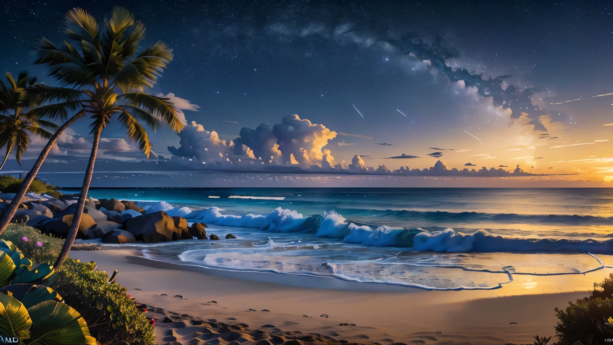 prompt: very detailed night panorama of a beautiful beach, islands in the distance, few clouds, and palmtrees, starry sky, Moon,
(((Hi res, HDR, HD, 4K, 8k))), fill lighting, thin and delicate line, 