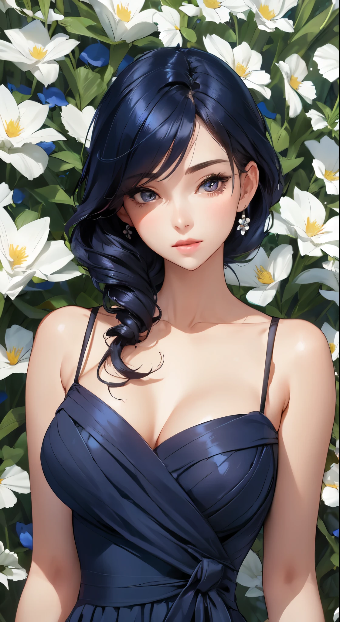 uma mulher com um vestido azul marinho em frente a flores, bela arte em quadrinhos, linda mulher de anime sedutora, Linda Mulher Anime