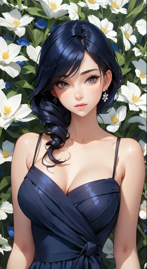 a woman in a navy blue dress standing in front of flowers, beautiful comic art, beautiful alluring anime woman, beautiful anime ...