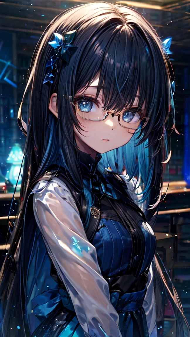 Luminescent blue、黒Luminescent blue、、((((Dark blue straight hair))))、Cute Desai&#39;s spectacles、uniform、(Background Library)、(((Library Committee Member)))Glasses available