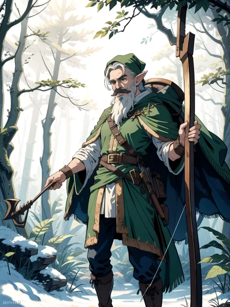 A man with mustache, elf, in the middle of dark forest, crossbow, adventurer,hunter